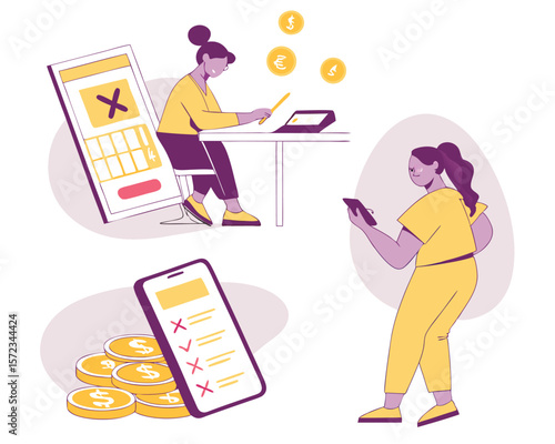 Conceptual financial illustration of mobile phone usage money and women on a white background