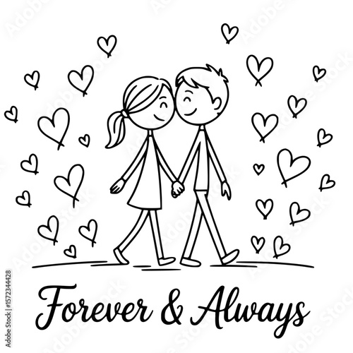 Eternal Bond: A heartwarming depiction of an inseparable couple walking hand-in-hand, encircled by affectionate hearts, symbolizing eternal love.