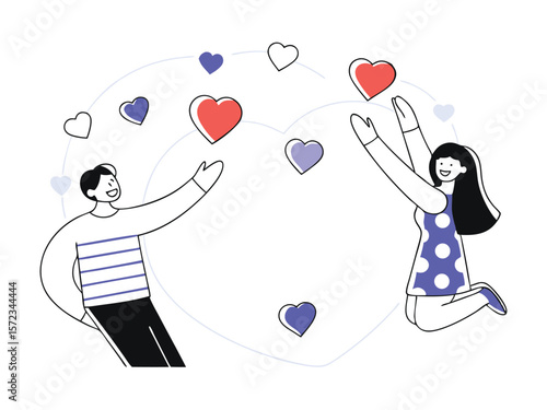 Couple sharing hearts and celebrating love and affection with floating hearts