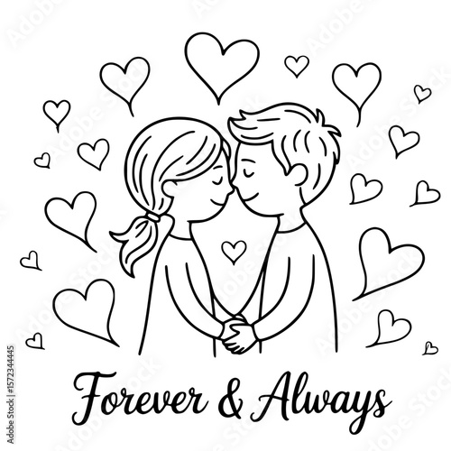 Eternal Bond: A tender illustration depicting a couple embracing with love. Surrounding them are hearts, symbolizing the enduring affection.