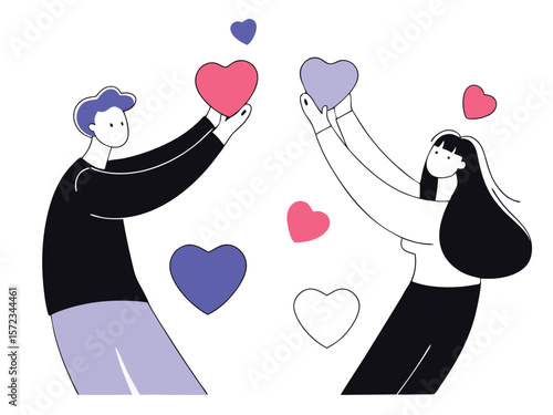 Couple sharing hearts illustration depicting love romance and affection in a modern flat design