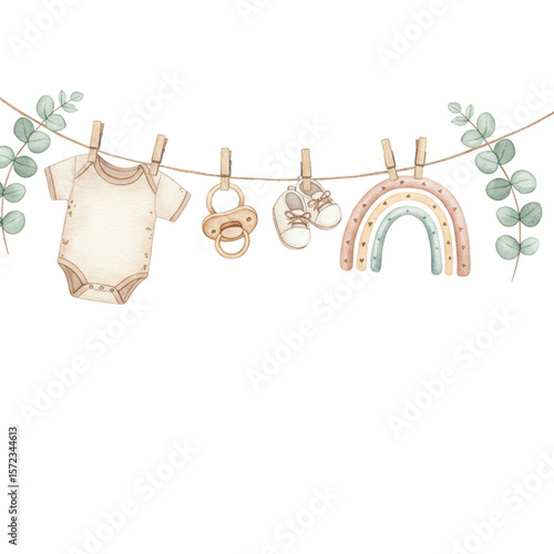 Baby Shower Delight: Pastel-colored baby essentials, including a onesie, soother, shoes, and rainbow, dangle playfully from a clothesline, exuding a sense of tenderness and joy for an upcoming baby.