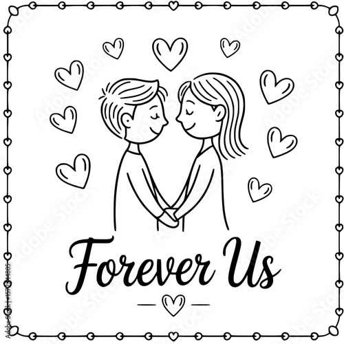 Eternal Bond: Hand-in-hand, an illustration of a couple, embodying the heartfelt expression Forever Us , expressing everlasting love, surrounded by hearts.