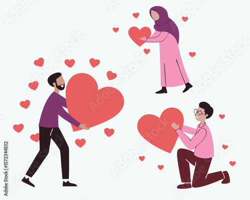 Diverse group of people celebrating love with heart-shaped symbols of affection