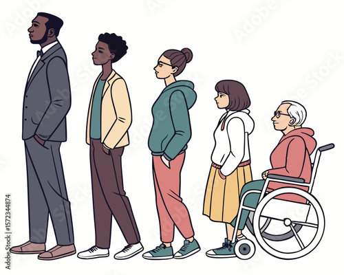 Diverse group of people illustrated in profile showing a range of ages and abilities
