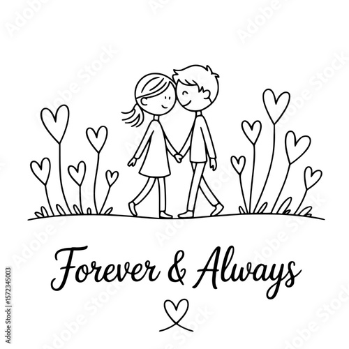 Eternal Love: A cute illustration, depicting an endearing couple strolling amidst heart-shaped blossoms, the phrase Forever & Always delicately inscribed beneath.