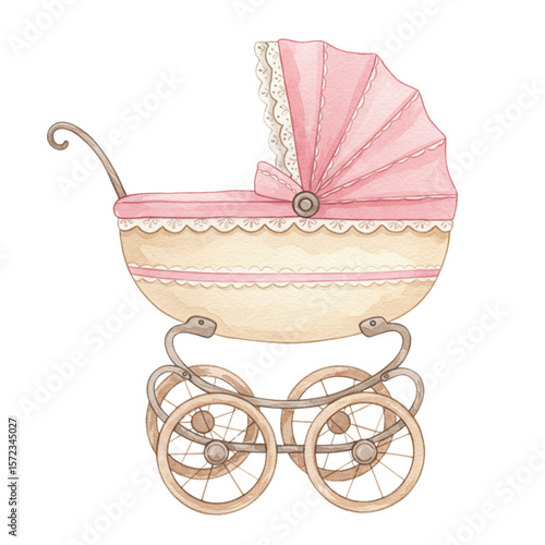 Vintage Baby Pram: A charming watercolor illustration of a vintage baby pram with a pink canopy and lace trim, perfect for announcements, invitations or nursery decor.