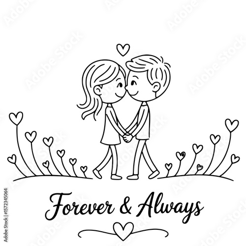 Forever & Always: A cute couple in love. Hand-drawn illustration expressing everlasting love and partnership. Perfect for greeting card, romantic theme.