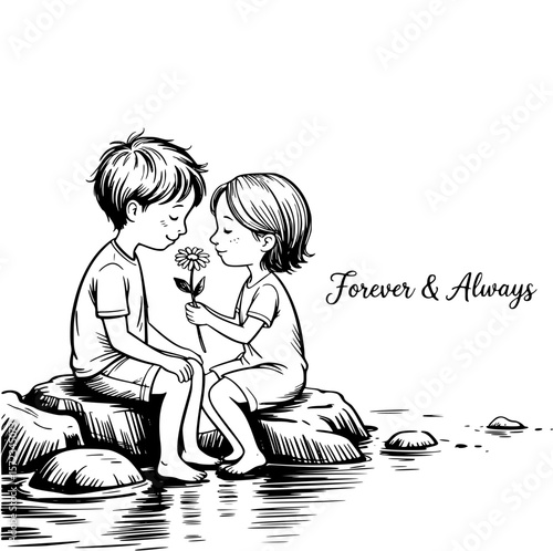Enduring Connection: A Tender Moment of Love and Cherishment. The image tells a beautiful story of affection, depicting a boy and a girl, with the girl presenting a flower to the boy.