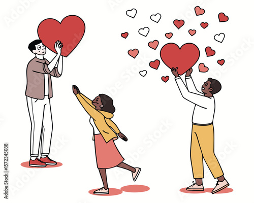 Diverse group sharing and celebrating love by holding and releasing red heart symbols