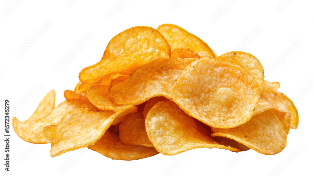 Golden Crispy Potato Chips Piled Against a Transparent Background Ready for Snacking or Sharing Golden Crispy Potato Chips Piled Against a Transparent Background Ready for Snacking or Sharing