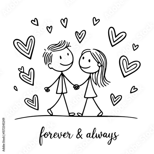 A Forever Bond of Love: A heartwarming illustration depicts two stick figures, a couple, walking hand-in-hand surrounded by heart, symbolizing eternal love and togetherness.