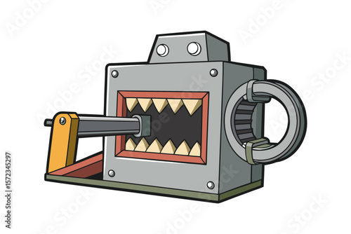 Cartoon mechanical device with sharp teeth and robotic arm isolated on white background