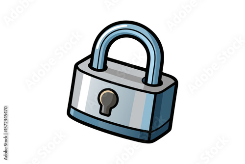 Silver padlock with blue shackle isolated on white background