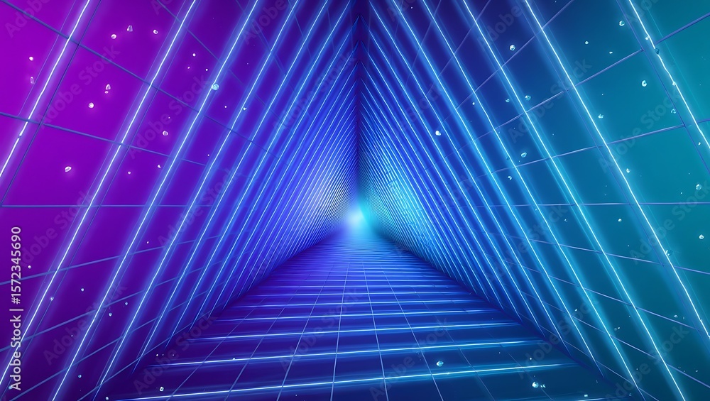 Fototapeta premium Neon Triangle Tunnel Psychedelic 80s Retro Synthwave Background