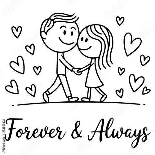 Eternal Affection: A heartwarming illustration depicting a couple holding hands, embodying the timeless bond of love and commitment, framed by delicate hearts and the promise of Forever & Always.