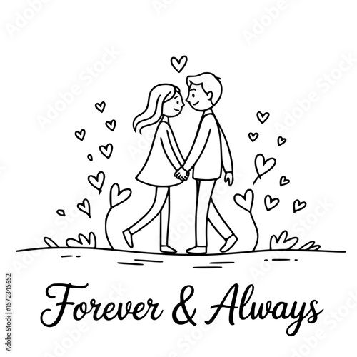 Forever & Always: A tender black and white line drawing of a couple in love, holding hands amidst a flurry of hearts, symbolizes everlasting affection.