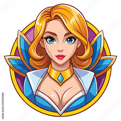 Female character with blonde hair, blue eyes, and a regal outfit