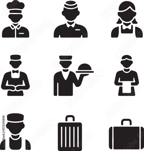 Hotel Staff Icons Chef, Bellhop, Waiter, Maid, and More
