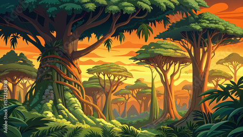 Tropical jungle vector, Southeast Asia rainforest, lush green foliage, August wet season, dense vegetation, exotic nature, wild habitat, biodiversity, misty canopy, humid wilderness, adventure scene