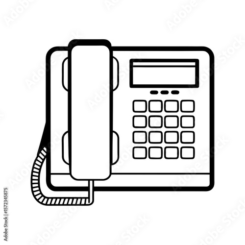 Simple black and white line art illustration of a modern office desk telephone