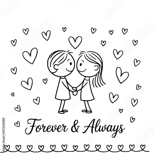 Forever & Always: A heartwarming and simple illustration of two stick-figure characters holding hands, surrounded by floating hearts, symbolizes everlasting love and devotion. 