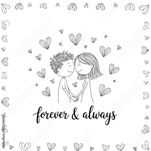 Eternal Devotion: a tender drawing depicts two figures holding hands, encircled by a cascade of hearts and the timeless promise of forever & always. a beautiful illustration.