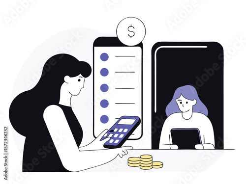 Financial transactions illustrated with people calculating and working with a calculator vector art