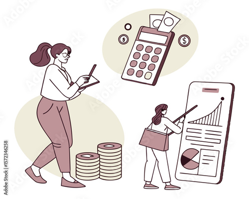 Financial planning illustration featuring businesswomen, calculator, and mobile analytics on white