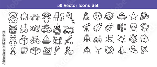 icons set featuring toys and space elements