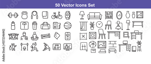 Title: 50 Vector Icons Set: Fitness, Lifestyle, and Home Furniture
