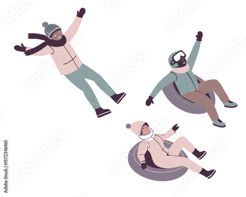 Fun winter illustration featuring people enjoying snow tubing activities on a clear day