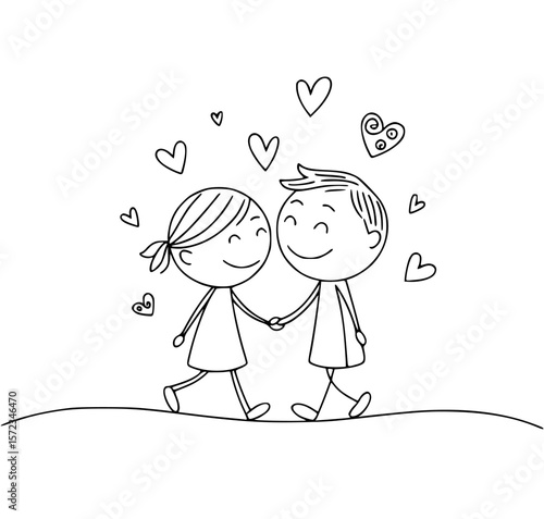 Love's Stroll: A delightful drawing depicts a couple holding hands and surrounded by floating hearts, symbolizing a joyful bond and the simple bliss of connection.