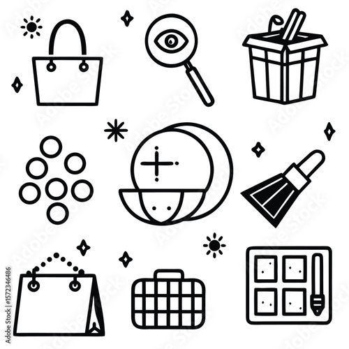 Minimalist black line icons depicting shopping bags magnifying glass with eye trash can with items scattered circles brush makeup palette and suitcase
