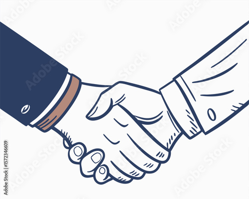 Hand drawn illustration of two hands clasped in a firm handshake on a white background.