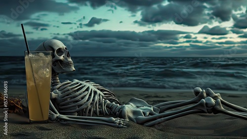 Skeleton couple enjoying summerween on the beach in a twilight atmosphere