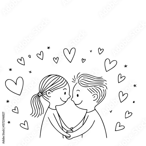 Love and Affection: An intimate sketch of a couple locked in a tender moment, surrounded by hearts, illustrating the depths of romance and connection. 