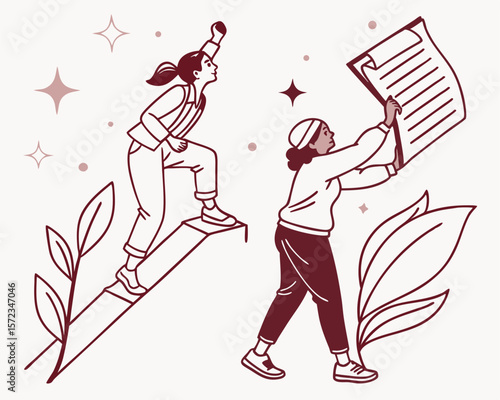 Illustrative artwork depicting women achieving success and holding documents creatively
