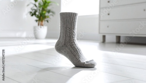 Gray cable-knit sock on light floor