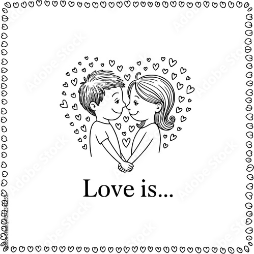 Love's Embrace: An illustrated couple, entwined in a tender moment within a heart, the words Love is... gently hint at the boundless nature of affection.