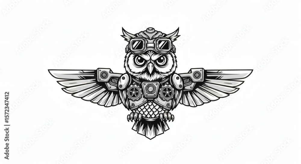 Obraz premium Steampunk Owl: Intricate mechanical owl design with goggles and gears, a fusion of nature and industrial aesthetics.