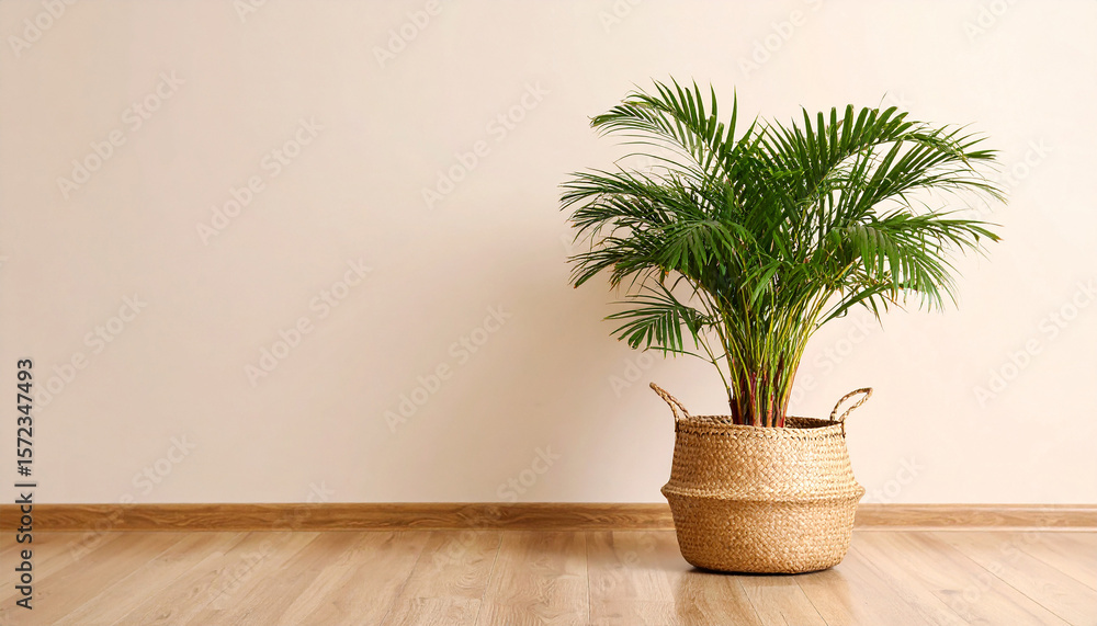 Fototapeta premium Elegant Palm Plant in Woven Basket: An eye-level shot of a lush, vibrant palm plant thrives in a decorative woven basket, adding a touch of natural elegance to a warm, inviting interior space.