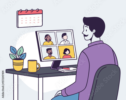 Modern man engaged in a video conference call with colleagues in a stylish office environment