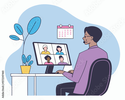 Online meeting illustration depicting a person working on a computer during a video conference