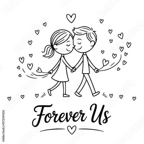 Forever Us: An illustration of a lovely couple walking, hand in hand, surrounded by a shower of hearts, embodying the joy of everlasting love.