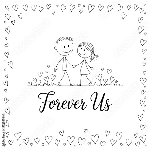 Eternal Bond: A simple, endearing illustration of a couple walking hand-in-hand, surrounded by a frame of hearts, symbolizing everlasting love and togetherness.