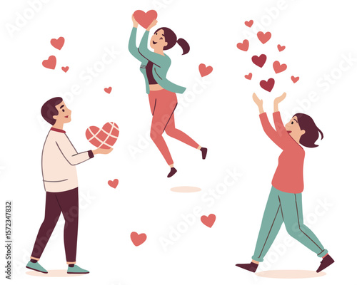 Playful illustration of diverse people interacting, celebrating love and sharing hearts, suitable for design.