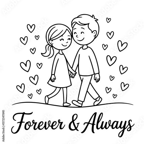 Forever & Always: Illustrative artwork of a cartoon couple in love, surrounded by floating hearts, symbolizing everlasting love and commitment.