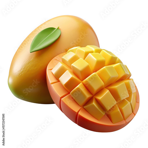 3d realistic mango with sliced cubes isolated on transparent background