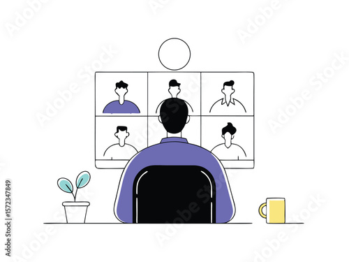 Remote meeting illustration depicting online collaboration and video conference on white background